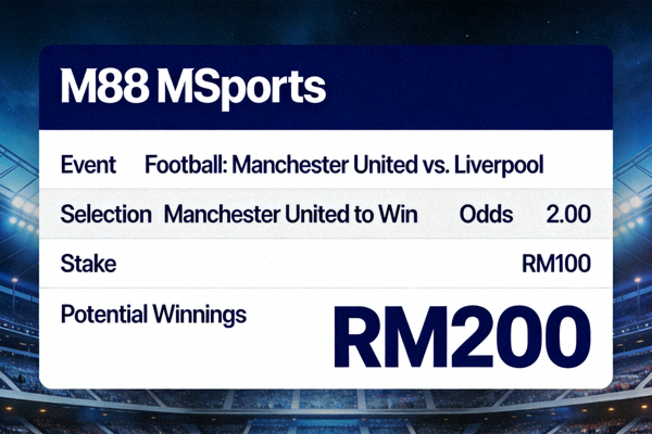 Contoh slip taruhan atau bet slip di platform M88 MSports dengan perhitungan potensi kemenangan