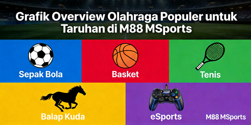 Grafik overview berbagai jenis olahraga populer yang tersedia untuk taruhan di platform M88 MSports