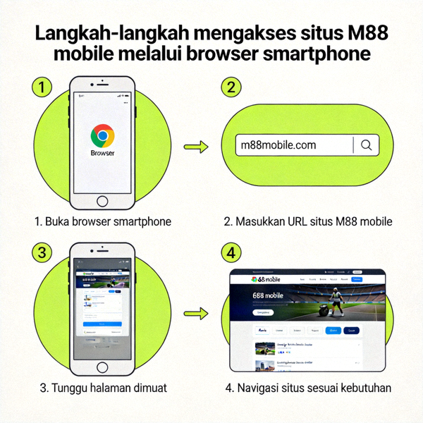 Langkah-langkah visual mengakses situs M88 mobile melalui browser smartphone