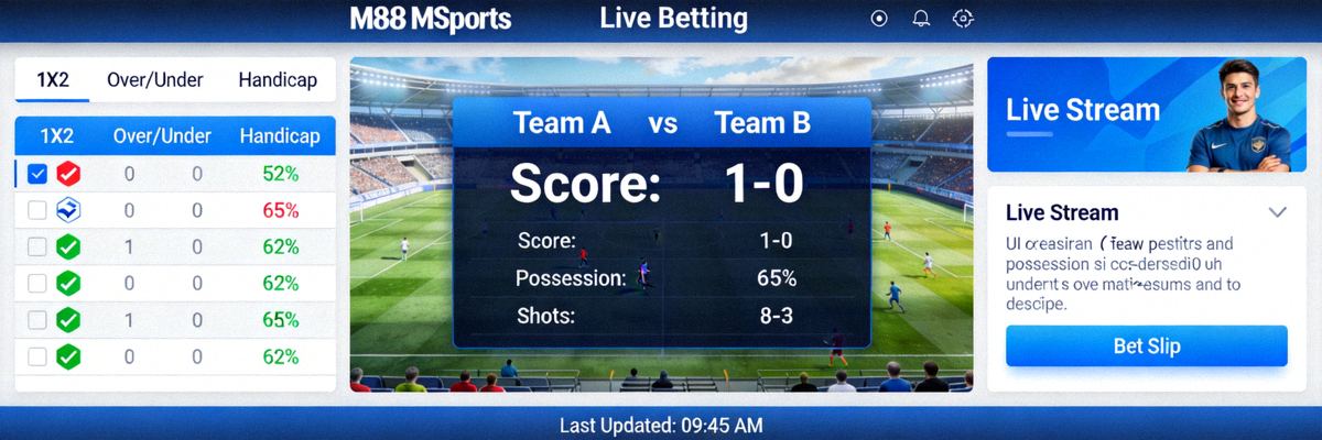 Tampilan antarmuka live betting M88 MSports dengan statistik pertandingan real-time