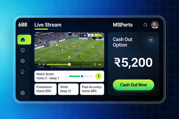 Tampilan detail pertandingan live di M88 MSports dengan statistik, live stream, dan opsi cash out